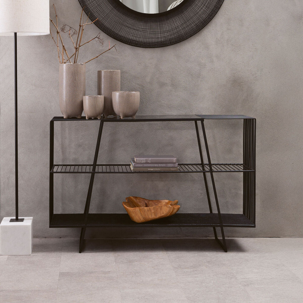 Grey Glass and Black Finish Wireframe Console Table
