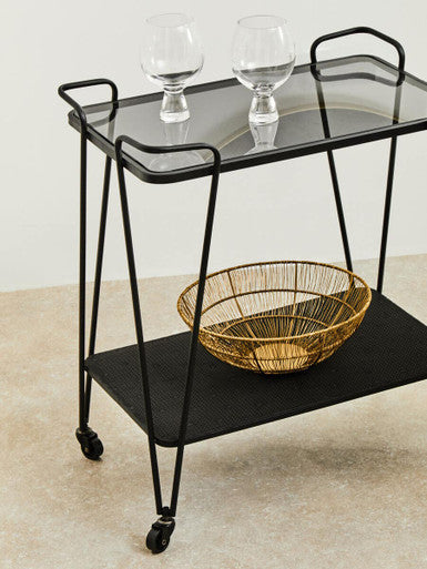 Grey Glass and Black Finish 2 Tier Drinks Trolley