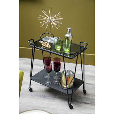 Grey Glass and Black Finish 2 Tier Drinks Trolley
