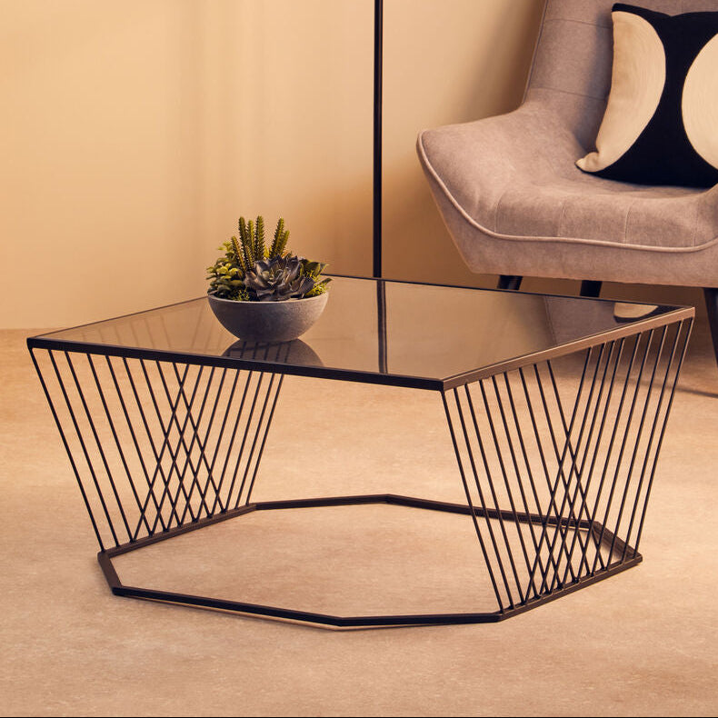 Grey Glass and Black Finish Wireframe Coffee Table