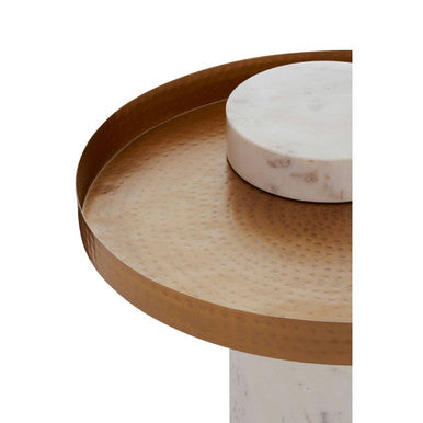 White Marble and Antique Brass Finish Tray Side Table
