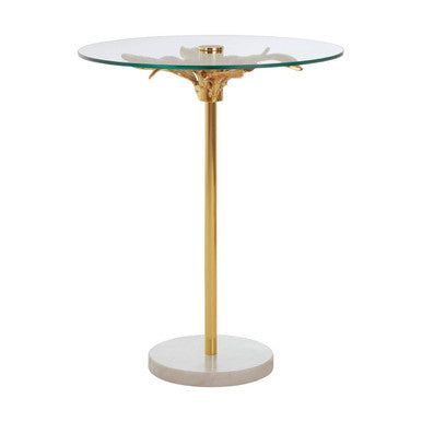Clear Glass Round Side Table with White Marble Base