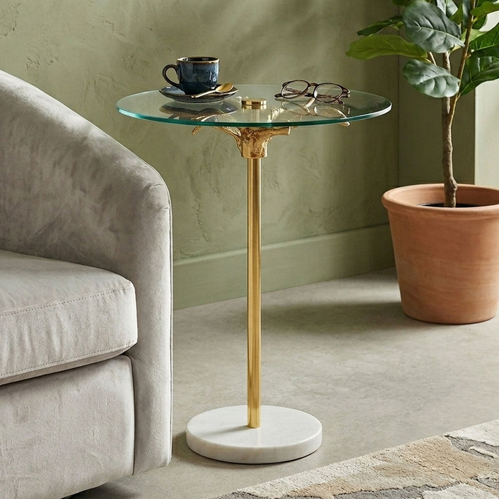 Clear Glass Round Side Table with White Marble Base