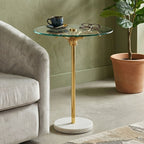 Clear Glass Round Side Table with White Marble Base