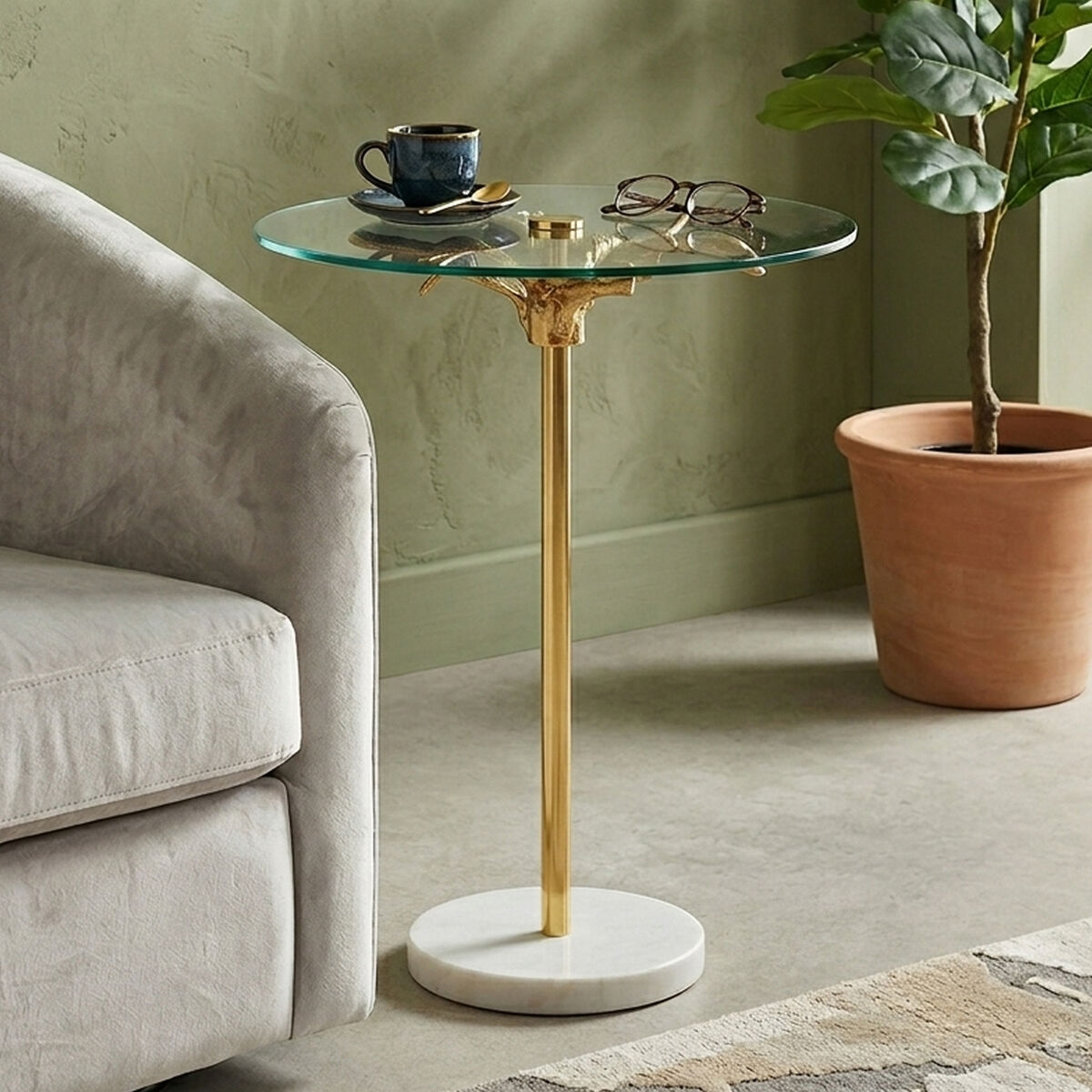 Clear Glass Round Side Table with White Marble Base