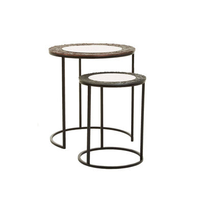 Antique Copper Finish and Mirrored Glass Set of 2 Nesting Tables