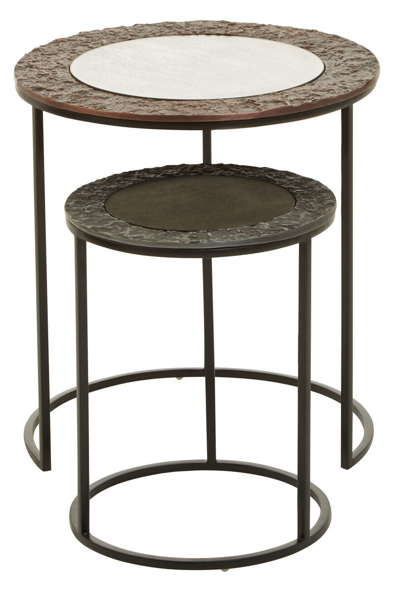 Antique Copper Finish and Mirrored Glass Set of 2 Nesting Tables