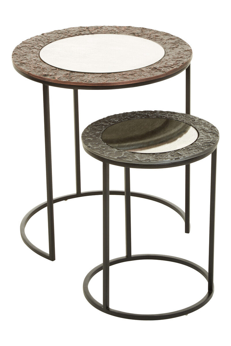 Antique Copper Finish and Mirrored Glass Set of 2 Nesting Tables
