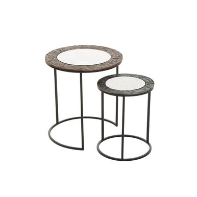 Antique Copper Finish and Mirrored Glass Set of 2 Nesting Tables