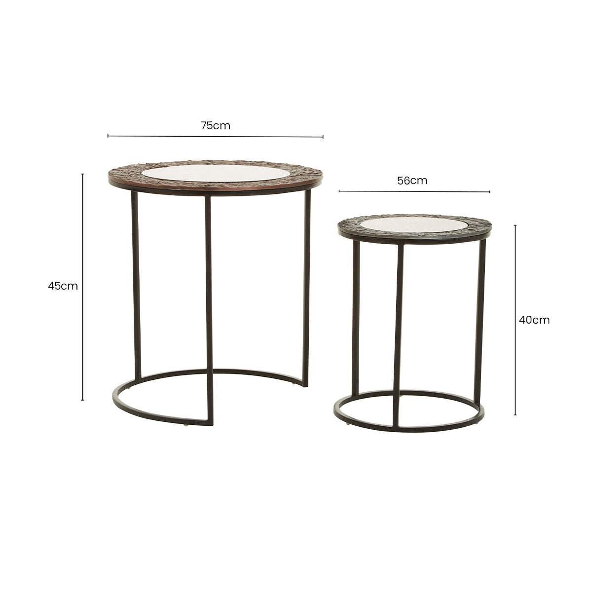 Antique Copper Finish and Mirrored Glass Set of 2 Nesting Tables