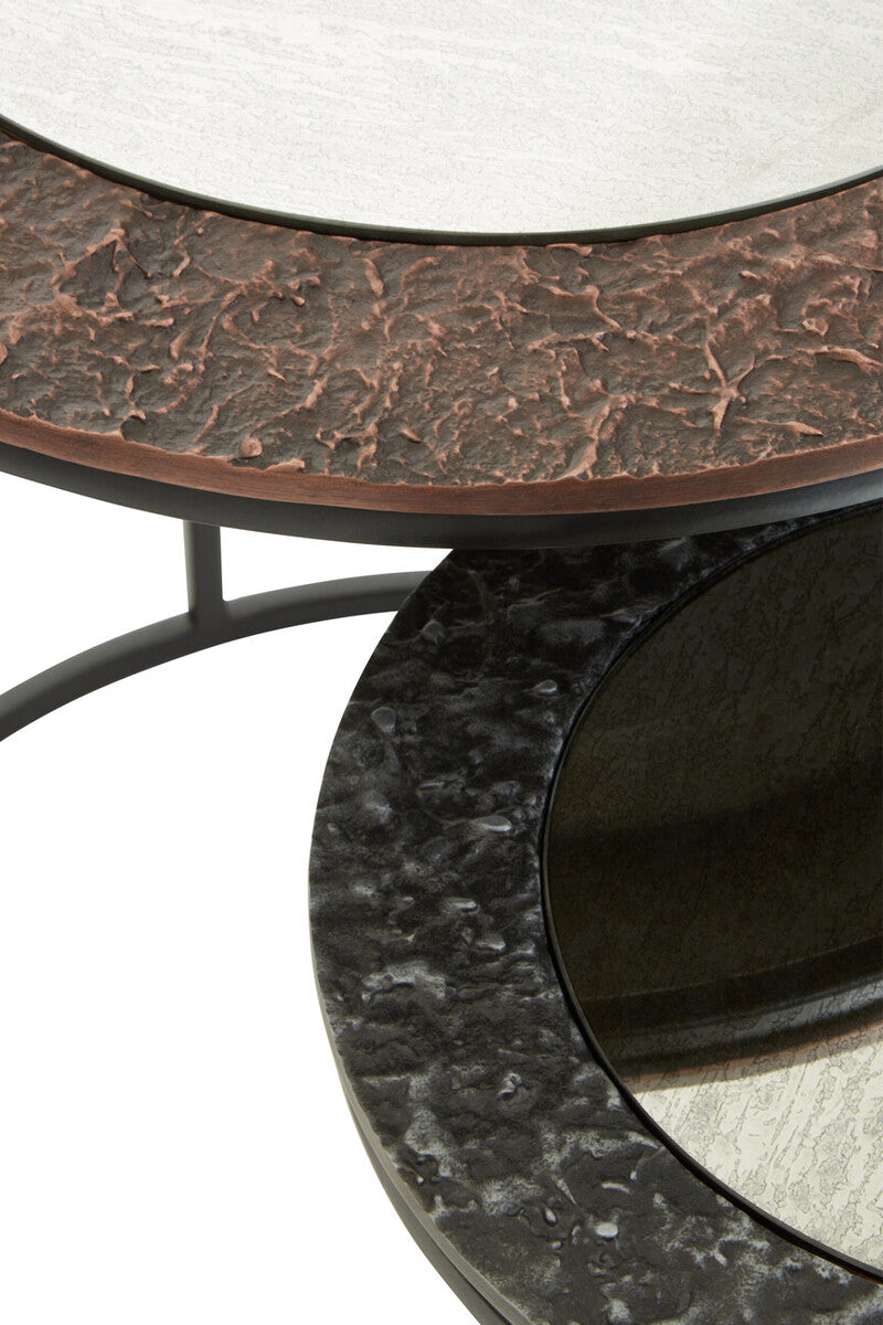 Antique Copper Finish and Mirrored Glass Set of 2 Nesting Tables