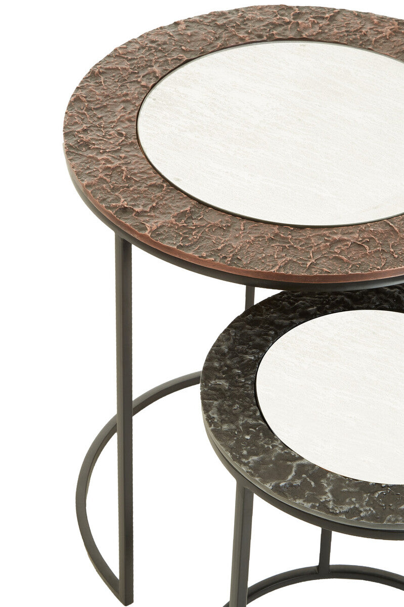 Antique Copper Finish and Mirrored Glass Set of 2 Nesting Tables