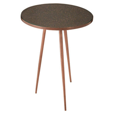 Tempered Glass Side Table with Antique Copper Finish Textured 3 Slim Legs