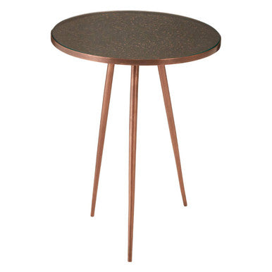 Tempered Glass Side Table with Antique Copper Finish Textured 3 Slim Legs