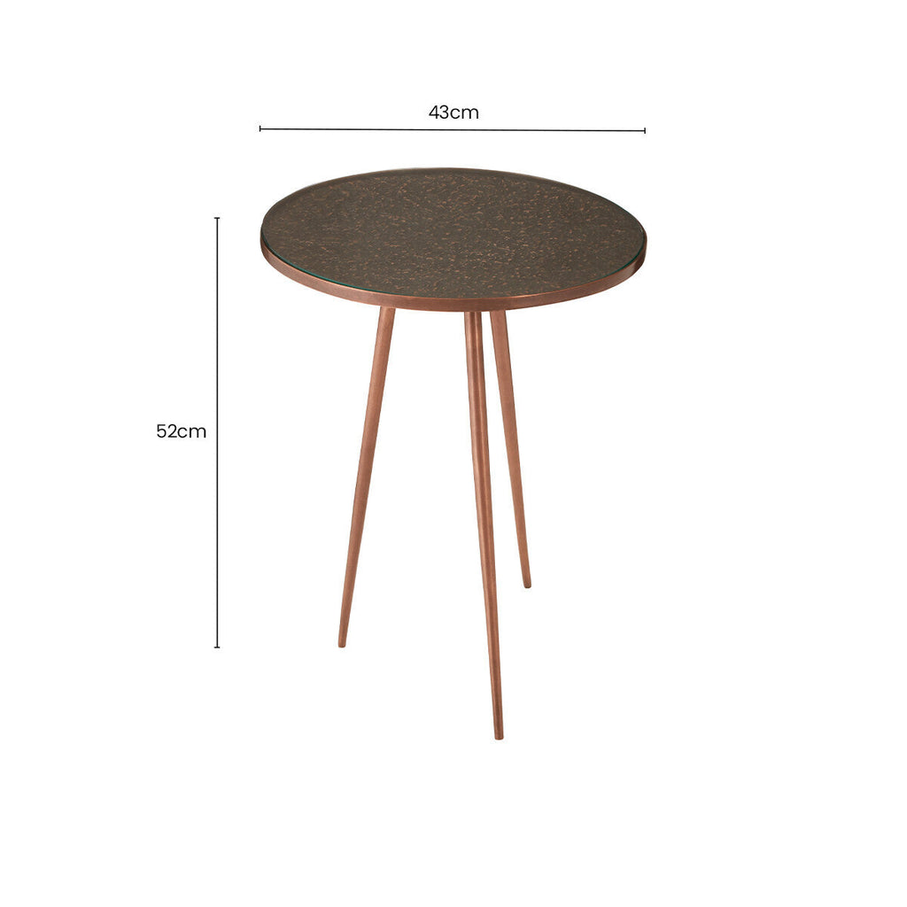 Tempered Glass Side Table with Antique Copper Finish Textured 3 Slim Legs