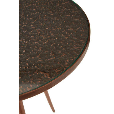 Tempered Glass Side Table with Antique Copper Finish Textured 3 Slim Legs