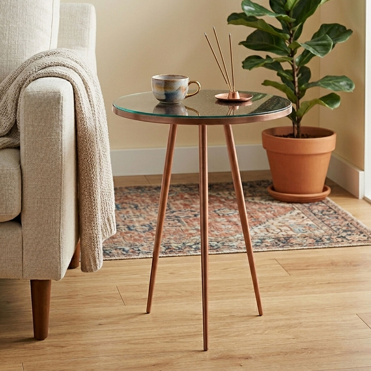 Tempered Glass Side Table with Antique Copper Finish Textured 3 Slim Legs