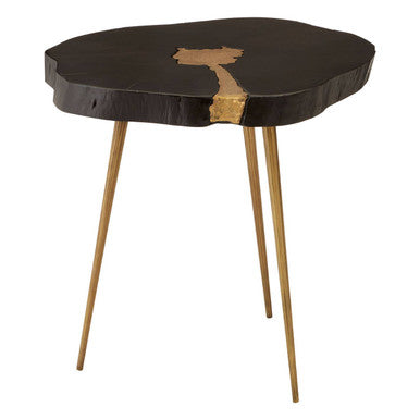 Black Acacia Wood Live Edge Side Table with Gold Finish Legs