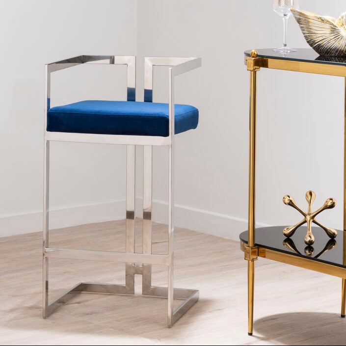 Blue Velvet Bar Chair with Silver Finish Frame