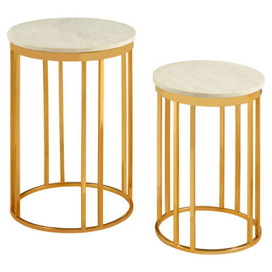 White Marble and Gold Finish Set of 2 Side Tables