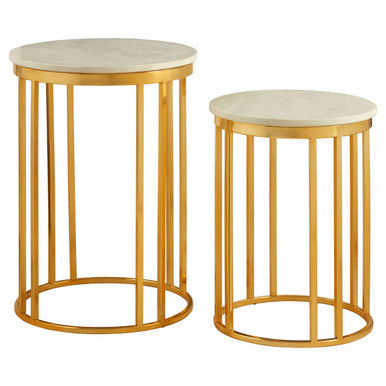 White Marble and Gold Finish Set of 2 Side Tables