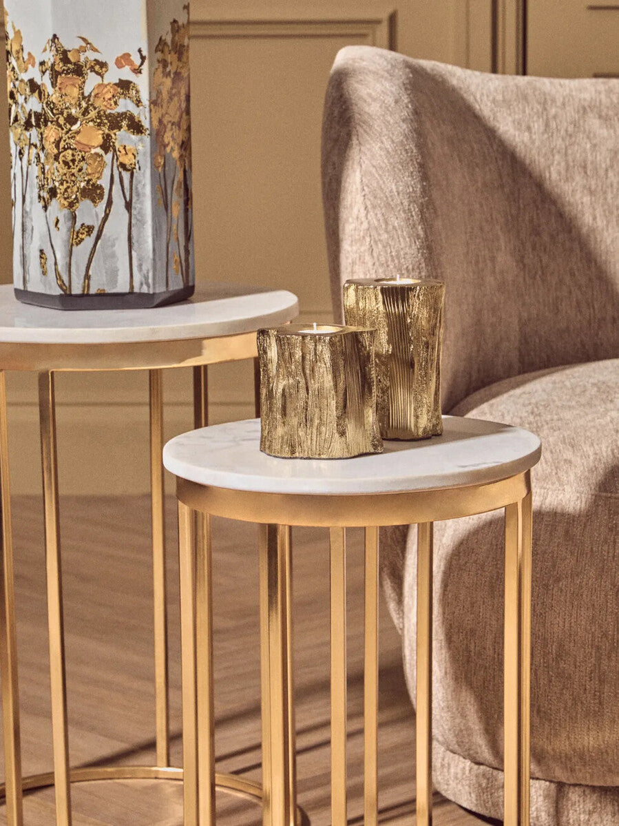 White Marble and Gold Finish Set of 2 Side Tables