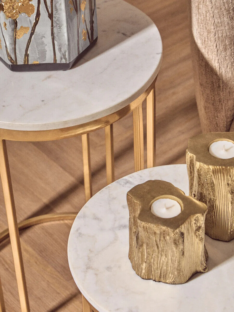 White Marble and Gold Finish Set of 2 Side Tables