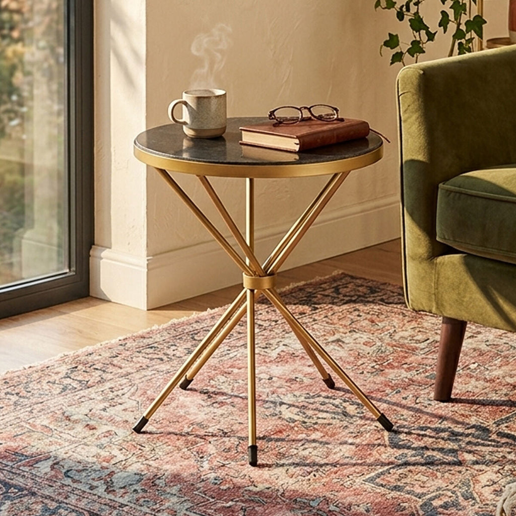 Black Marble and Gold Finish Round Side Table