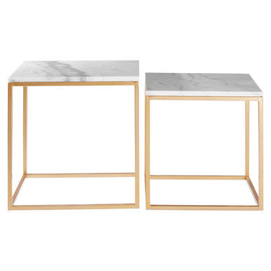 Gold Finish Set of 2 Square Side Tables with White Marble Tops