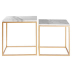 Gold Finish Set of 2 Square Side Tables with White Marble Tops