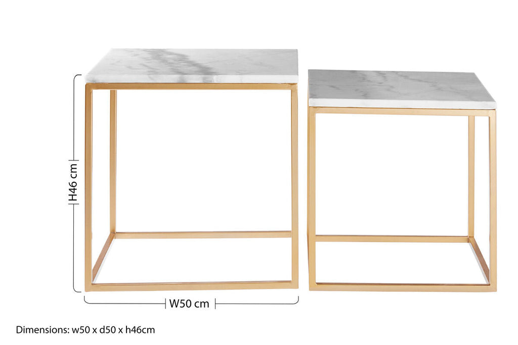 Gold Finish Set of 2 Square Side Tables with White Marble Tops