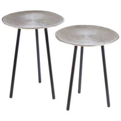 Set of Two Textured Nickel Round Side Tables with Distressed Aluminium Tops and Black Iron Legs