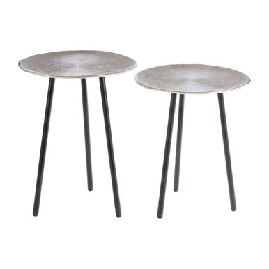 Set of Two Textured Nickel Round Side Tables with Distressed Aluminium Tops and Black Iron Legs
