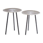 Set of Two Textured Nickel Round Side Tables with Distressed Aluminium Tops and Black Iron Legs