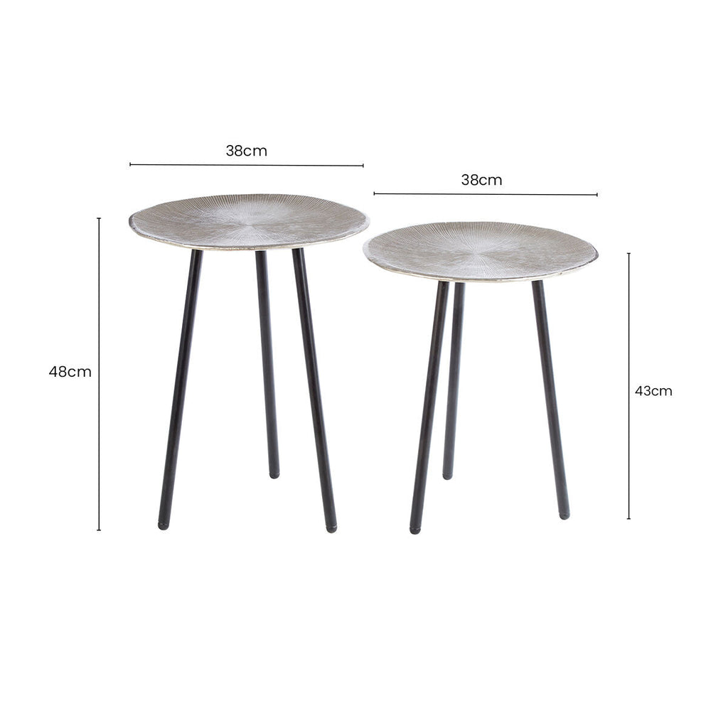 Set of Two Textured Nickel Round Side Tables with Distressed Aluminium Tops and Black Iron Legs