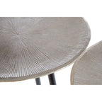 Set of Two Textured Nickel Round Side Tables with Distressed Aluminium Tops and Black Iron Legs