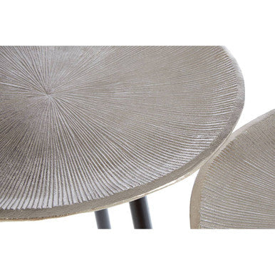 Set of Two Textured Nickel Round Side Tables with Distressed Aluminium Tops and Black Iron Legs