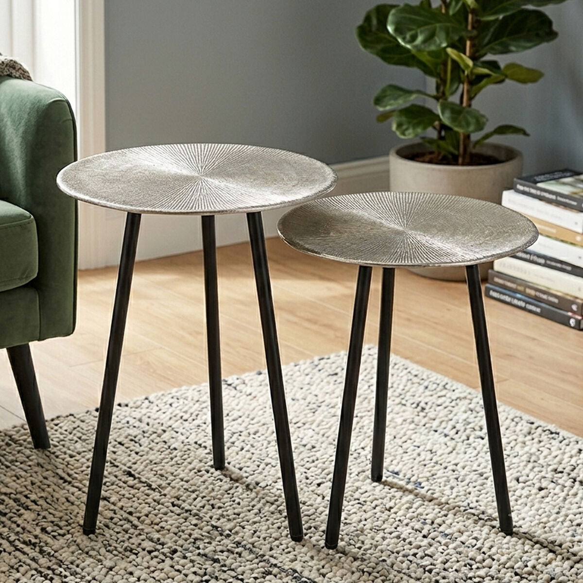 Set of Two Textured Nickel Round Side Tables with Distressed Aluminium Tops and Black Iron Legs