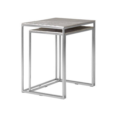 Silver Nickel Set of Two Rectangular Nesting Tables with Textured Aluminium Tops and Sleek Iron Frame