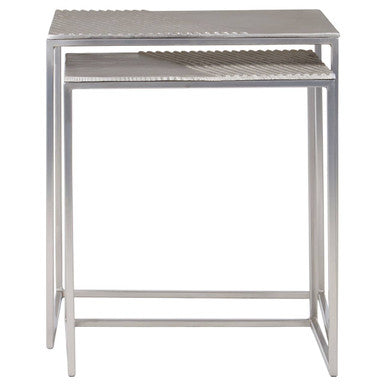 Silver Nickel Set of Two Rectangular Nesting Tables with Textured Aluminium Tops and Sleek Iron Frame