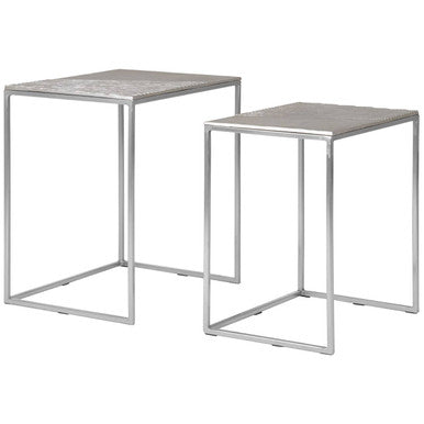 Silver Nickel Set of Two Rectangular Nesting Tables with Textured Aluminium Tops and Sleek Iron Frame