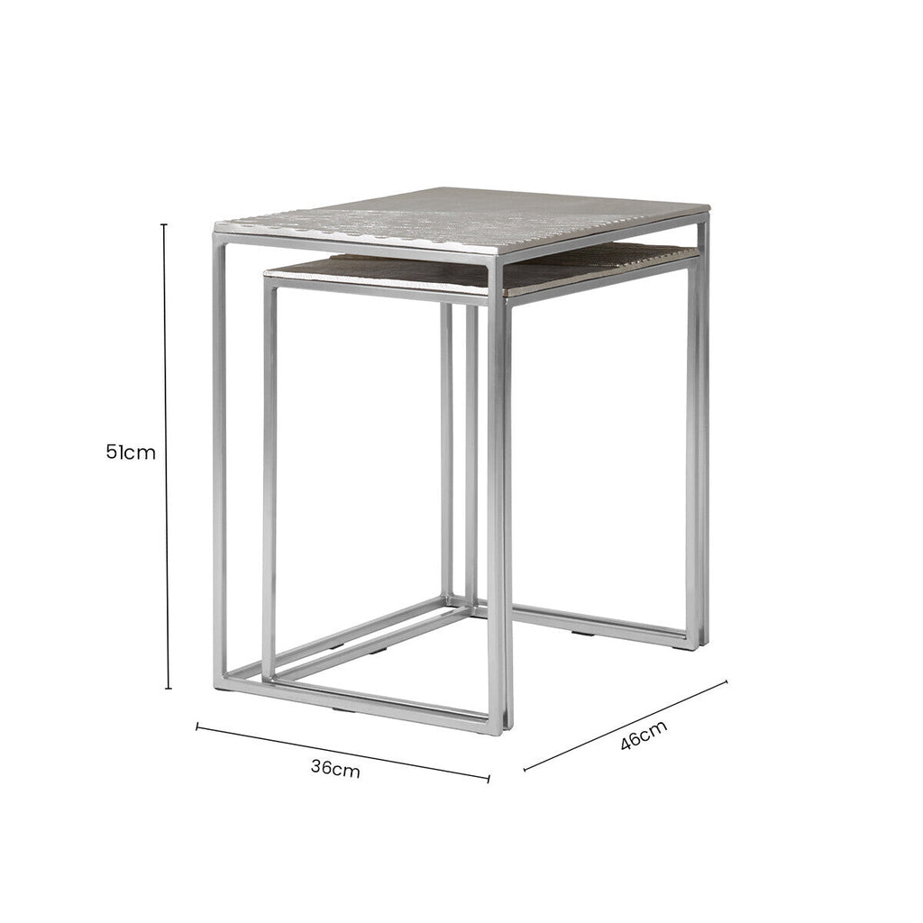 Silver Nickel Set of Two Rectangular Nesting Tables with Textured Aluminium Tops and Sleek Iron Frame