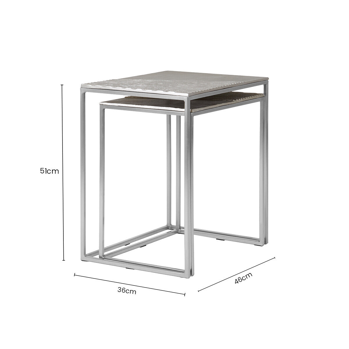 Silver Nickel Set of Two Rectangular Nesting Tables with Textured Aluminium Tops and Sleek Iron Frame