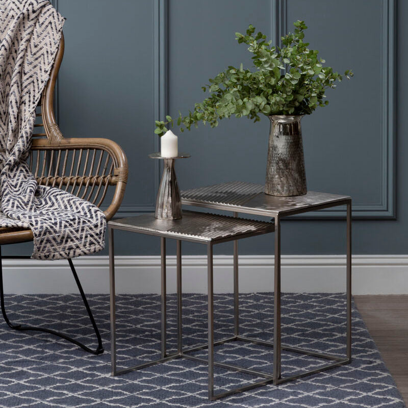 Silver Nickel Set of Two Rectangular Nesting Tables with Textured Aluminium Tops and Sleek Iron Frame