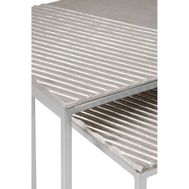 Silver Nickel Set of Two Rectangular Nesting Tables with Textured Aluminium Tops and Sleek Iron Frame