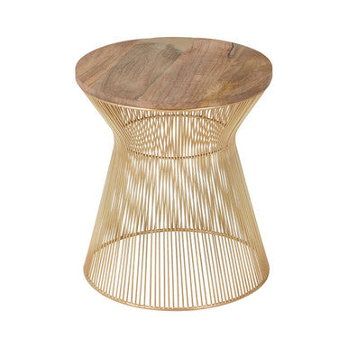 Natural Wood Top Small Coffee Table with Gold Open Wire Hourglass Design Base