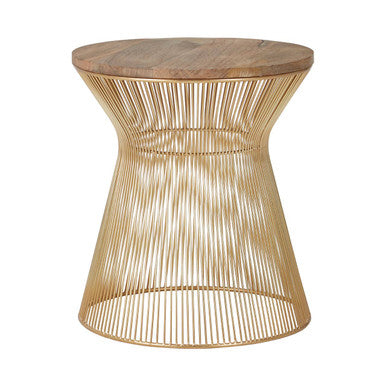 Natural Wood Top Small Coffee Table with Gold Open Wire Hourglass Design Base