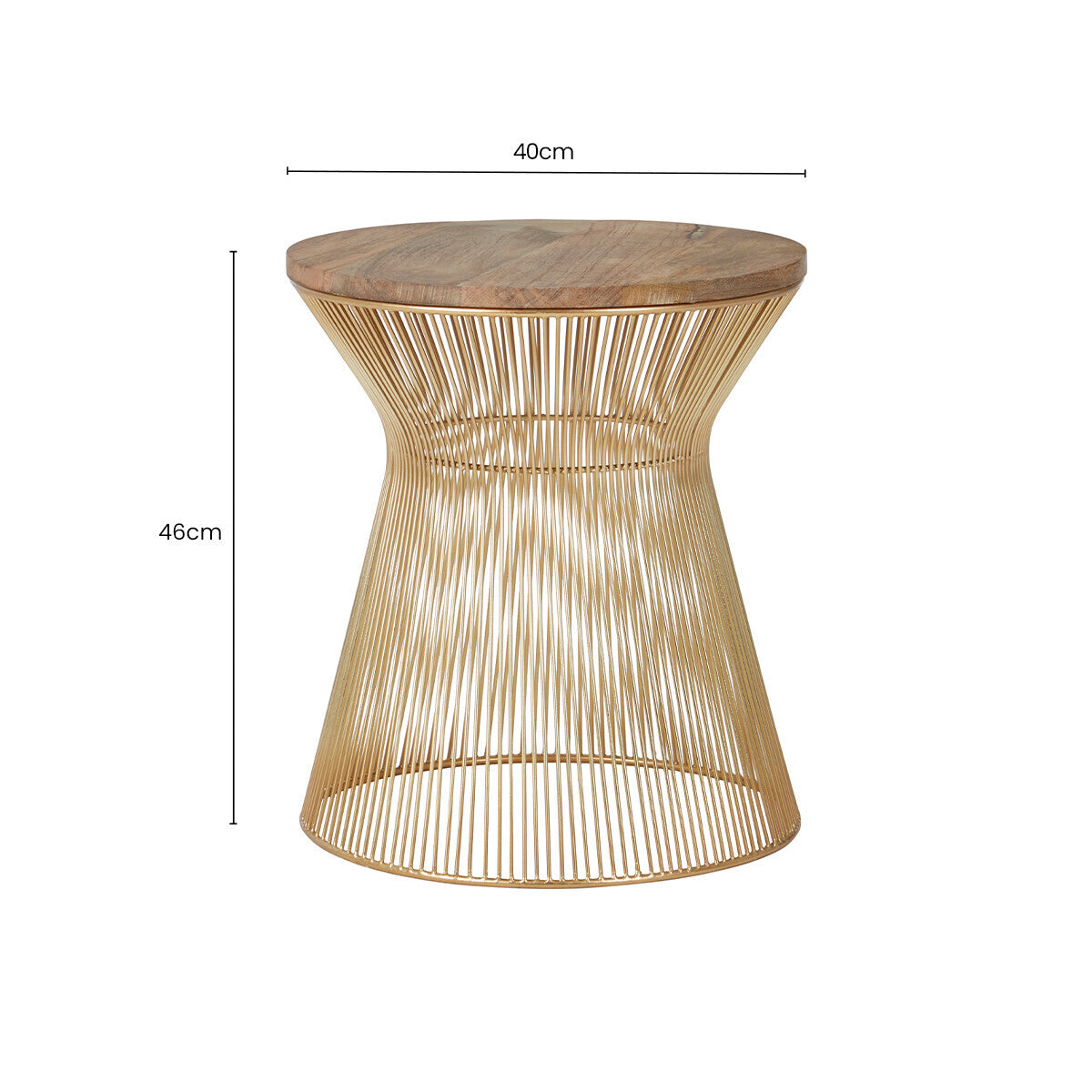 Natural Wood Top Small Coffee Table with Gold Open Wire Hourglass Design Base