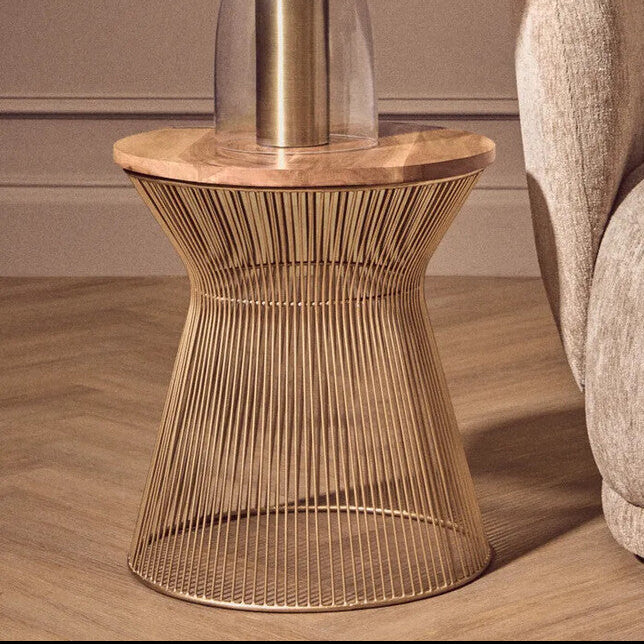 Natural Wood Top Small Coffee Table with Gold Open Wire Hourglass Design Base