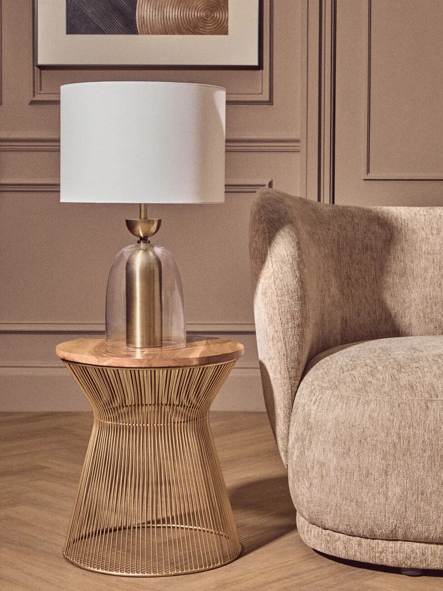 Natural Wood Top Small Coffee Table with Gold Open Wire Hourglass Design Base